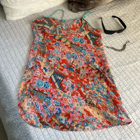 Cute semi sheer Asian Floral Multicolor Summer mini slip Dress​​ - Picture 7 of 15